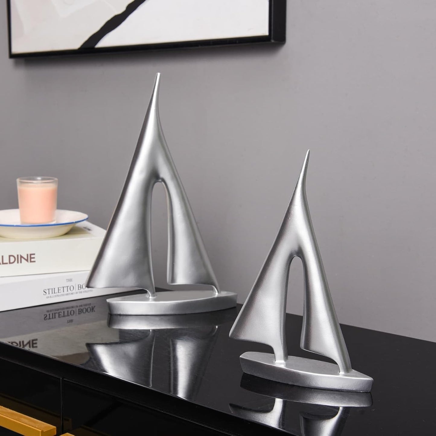 Modern Sculptures Home Decor, Silver Sailboat Decor Ornament, Boat Decorations Statue Decor, Art Sculptures and Statues, Sailboat Gifts Home Office Bathroom Shelf Decor Nautical Decor (2 Pack)