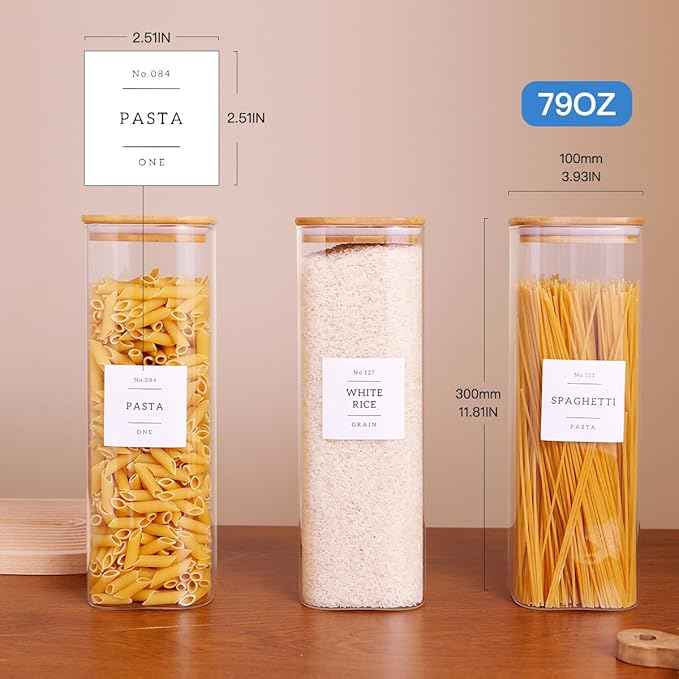 CZZGSM 3 Pack Square Kitchen Storage Jars with Airtight Bamboo Lids and 132 Pantry Labels - 80oz Glass Canisters with Wood Lids - Food Storage Containers for Spaghetti, Pasta, Fettuccine