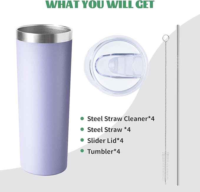 20 oz Skinny Tumbler with Lid and Straw,Stainless Steel Vacuum Insulated Tumbler Cup Double Wall Leak-proof Coffee Mug,Travel Thermal Water Tumbler for Office,Outdoor (Lavender/Cream/Pink/Baby blue)