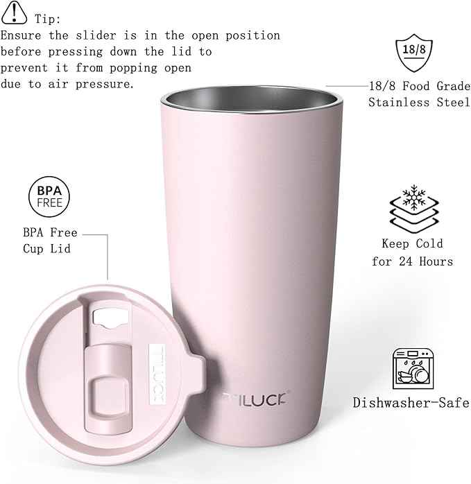 TILUCK 20 oz Insulated Tumbler with BPA-Free Lid, Stainless Steel Vacuum Travel Coffee Mug, Double Wall Coffee Tumbler （20oz，Matte LightPink）