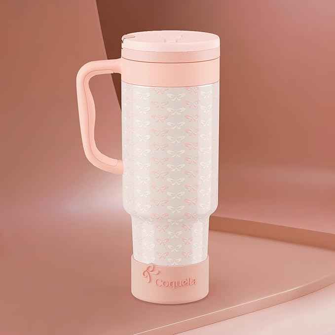 40 oz Insulated Tumbler with Handle and Push-Button Straw Lid, Stainless Steel Travel Cup for Gym Office, Leakproof, BPA-Free, Cup Holder Friendly, Bow Silicone Boot, Cream (Coquette Peachy)