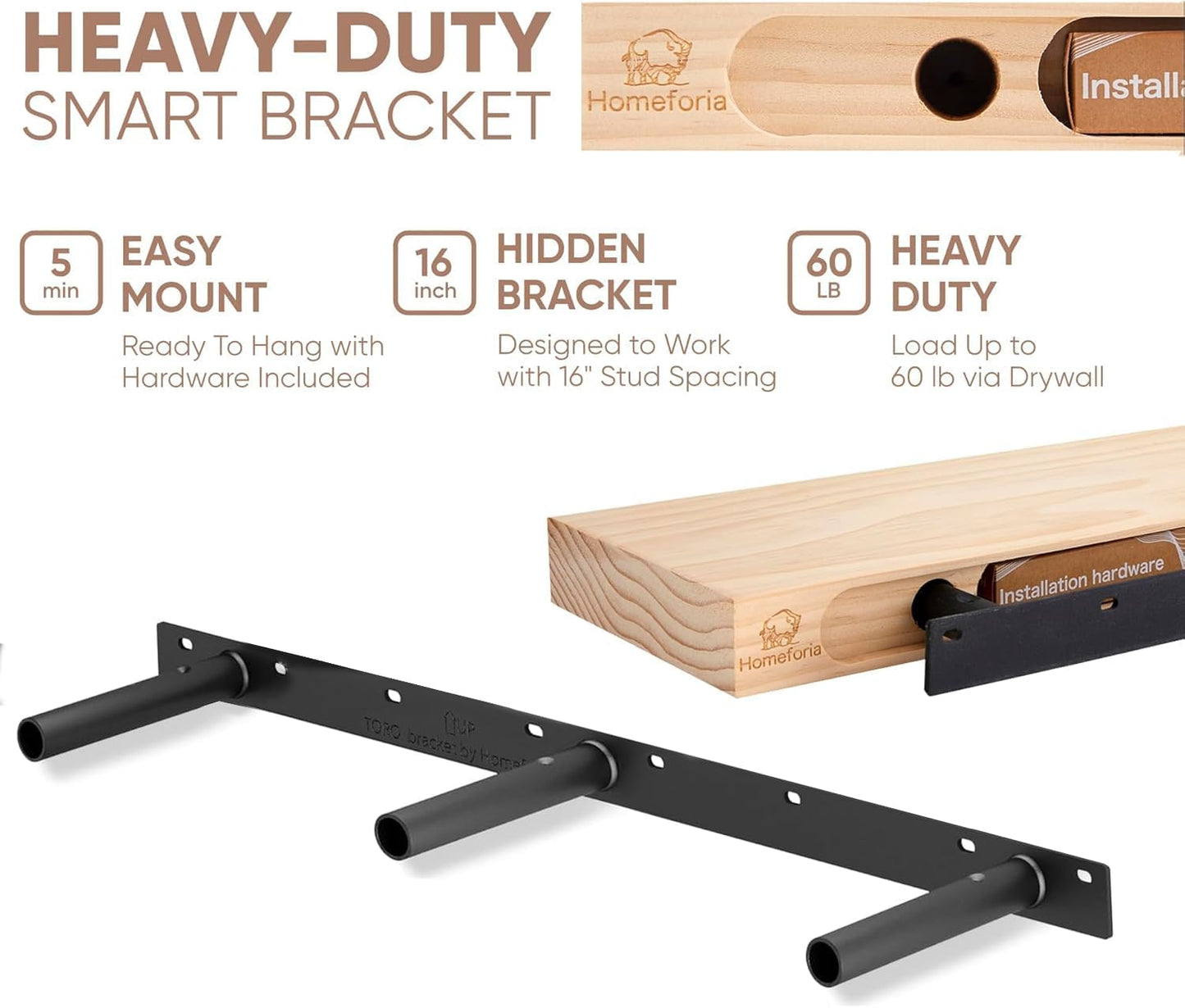 Homeforia Oak Floating Shelves 42 inch Long, High End Solid Real Wood 42inch Floating Shelf for Wall Mounted, Honey Oak Wooden 42in Floating Shelves, Heavy Duty Bracket, 42 X 6.5 X 1.75 in, Set of 2