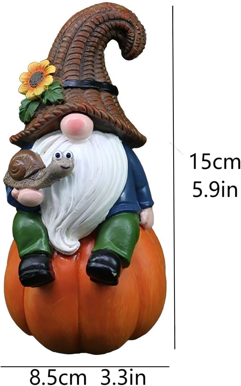 Garden Gnome Statue with Snail, Fall Pumpkin Decoration, 5.9 inch Height Gnome Figurine, Cute Thanksgiving Gifts, Outdoor Indoor Autumn Decor