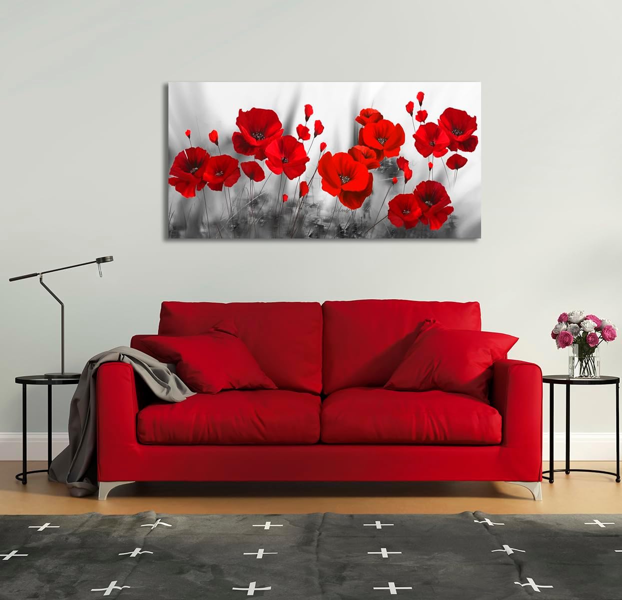 Red Flower Large Wall Art for Living Room - 48"L x 24"W Black and White Canvas Wall Art Bedroom Modern Abstract Floral Large Artwork Paintings Prints Pictures Wall Decor