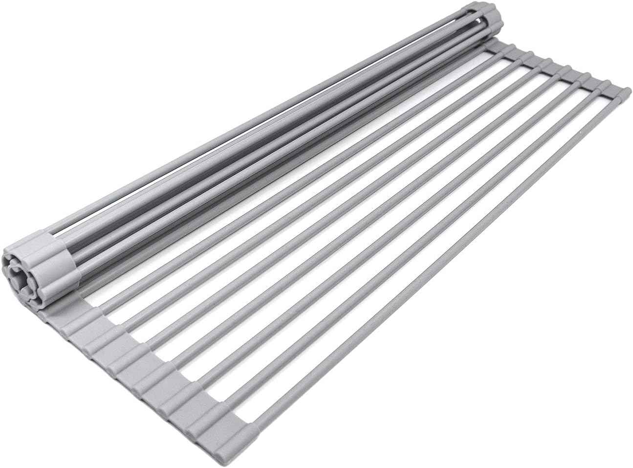 Sorbus Roll-Up Dish Drying Rack [Large 20.5'' X 13"] Over The Sink Drying Mat,- Multipurpose Dish Drainer - Fruits and Vegetable Rinser - Durable Silicone Covered Stainless Steel (Warm Gray)