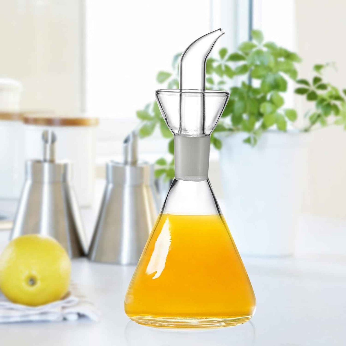 ELETON Conical 8 oz Glass Oil Dispenser – No Drip Olive Oil Cruet with Leak-Proof Spout, Easy-Fill Wide Mouth, Borosilicate Bottle for Kitchen & BBQ