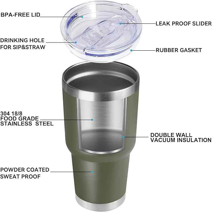 DOMICARE 30 oz Tumbler with Lid and Straw, Stainless Steel Tumblers Bulk, Insulated Vacuum Double Wall Travel Coffee Mug, Durable Powder Coated Tumbler Cups (Army Green, 12)