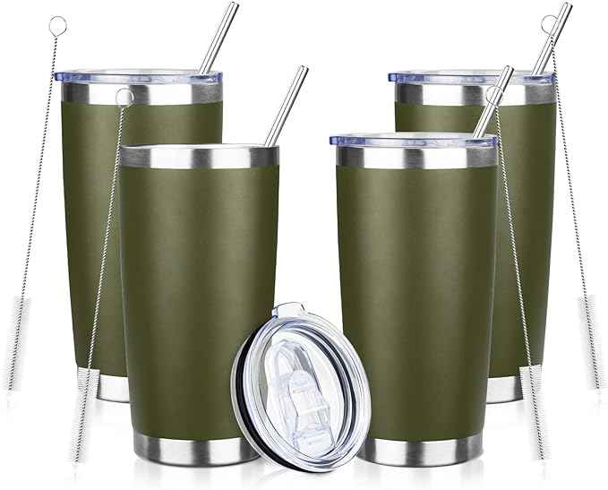 20oz Tumbler with Straw and Brush, Stainless Steel Vacuum Insulated tumbler, Double Wall Insulated Coffee Tumbler for Outdoor, Home, Travel,Office (Army Green,4pcs)