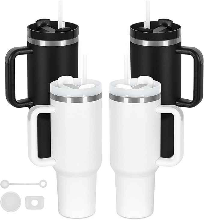 4 Pack 40 Oz Tumblers with Handle Bulk, Double Wall Vacuum Insulated Stainless Steel Tumblers with Lid and Straw, 40 oz Cups with Silicone Spill Proof Stopper Set (Black-2,White-2)