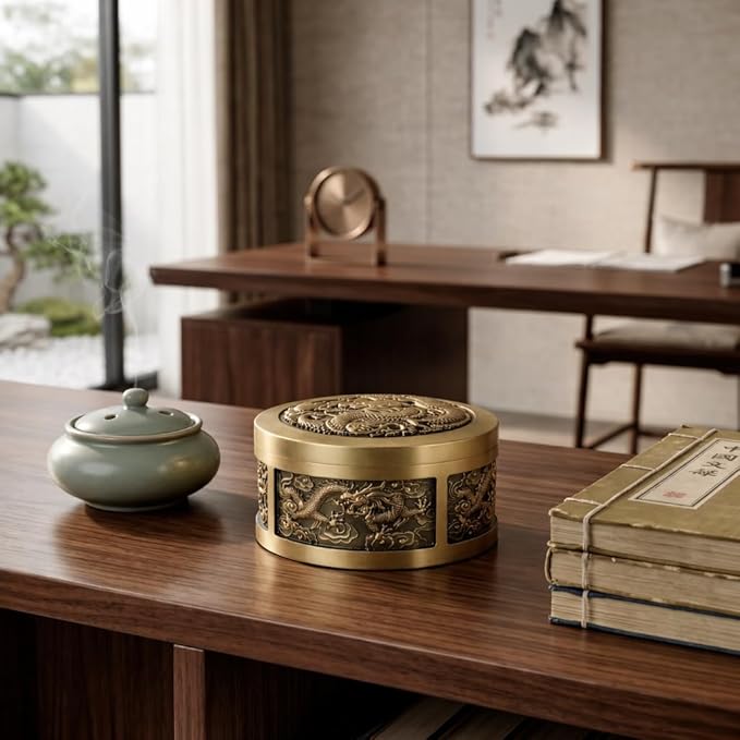 Solid Brass Decorative Bowl with Lid, Gold Metal Key Holder for Entryway Table, Small Catch All Jewelry Box for Rings & Trinkets, Dragon Carving Home Decor Brings Good Fortune