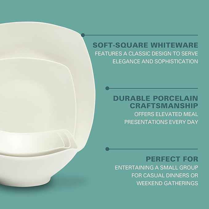 Gibson Home Brentwood 40-Piece Dinnerware Set – Square White Porcelain Plates and Bowls, Service for 8, Dishwasher & Microwave Safe, Modern Everyday Dinner Set with Cereal, Dessert, and Entrée Bowls