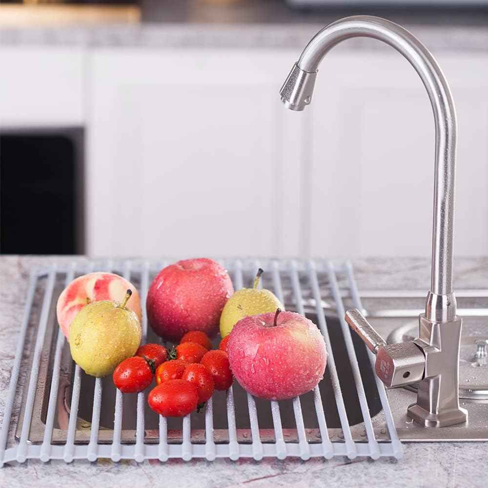 20.5 inches L x 13 inches W Roll-Up Dish Drying Rack Large Over The Sink , Heat-Resistant Anti-Slip Silicone Coated Stainless Steel Dish Drainer Multipurpose for Kitchen Counter, Gray