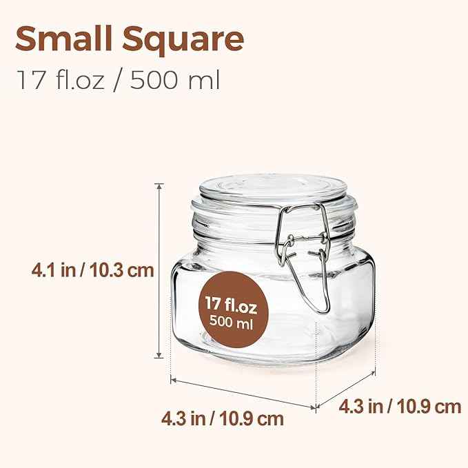 ComSaf Set of 6 Square Glass Jars with Airtight Wire Clamp Lids (17 Oz), Wide Mouth Pantry Canisters for Overnight Oats, Jam, Pickling, Spice Storage, Gifts