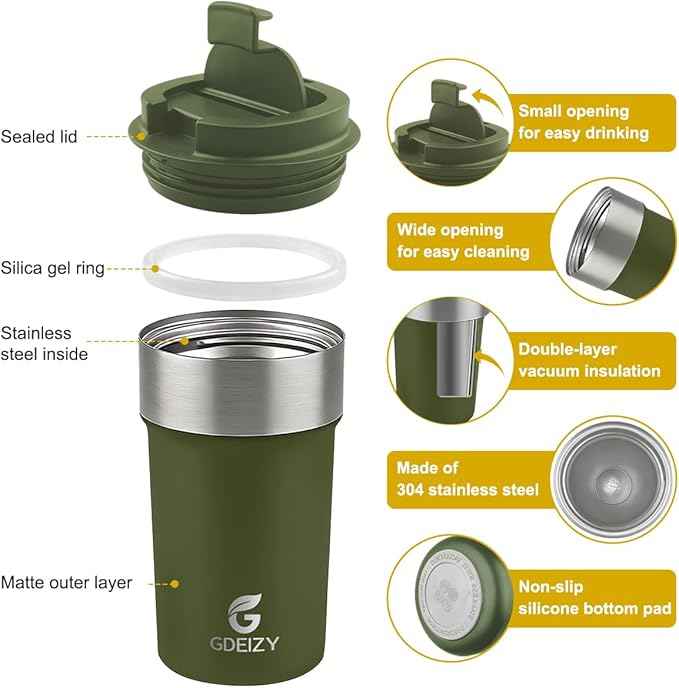 17oz Double Wall Stainless Steel Vacuum Insulated Travel Mug, Spill-Proof & Leak-Proof Coffee Mug, BPA-Free Reusable Coffee Cup for Hot & Cold Drinks, Black (Green)