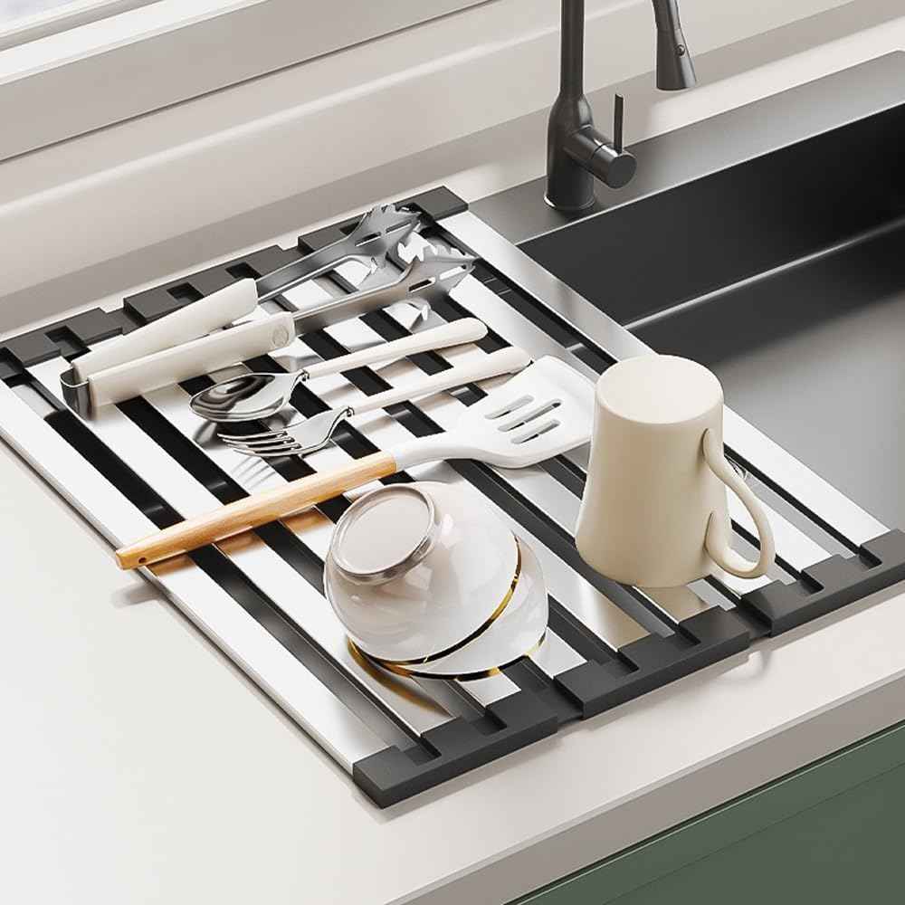 Roll Up Dish Drying Rack, Over Sink Stainless Steel Rack,Foldable Kitchen Sink Mat,Kitchen Sink Drain Rack Dish Storage Rack (19.69" H x 12.8" W)