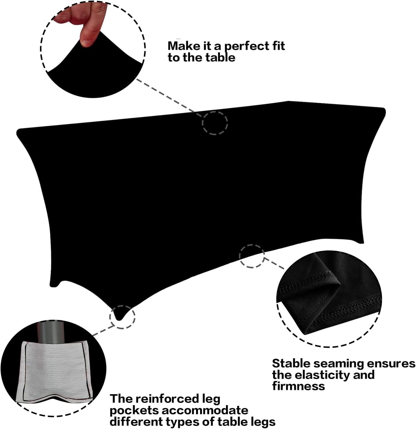 IVAPUPU 2 Pack 4FT Table Cloth for Rectangular Fitted Events Stretch Black Table Covers Washable Spandex Spring Tablecloth Protector for Party, Wedding, Cocktail, Banquet, Festival