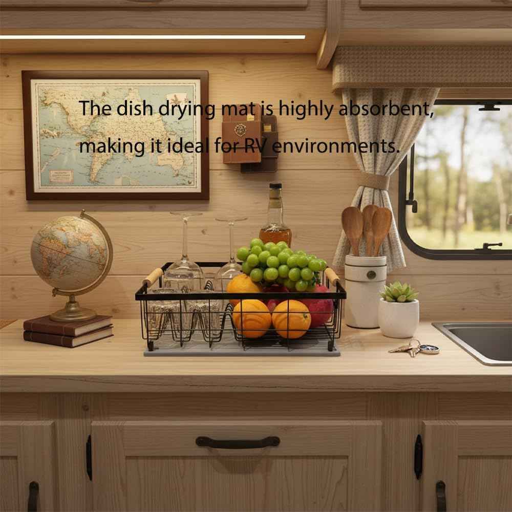 Dish Drying Rack with Stone Dish Drying Mat for Kitchen Counter, Dish Drainer with Diatomaceous Earth Quick Dry Mat, Organization and Storage Essentials with Cup & Cutlery Holders