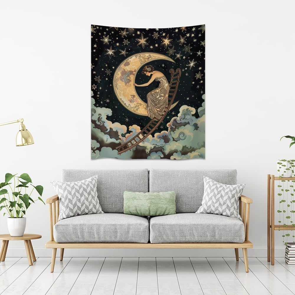 Dark Academia Gothic Aesthetic Tapestry ladder to The Moon and Stars Wall Hanging Print Trendy Vintage Art Nouveau Tapestries Decor for Home Bedroom Living Room 30x40inch