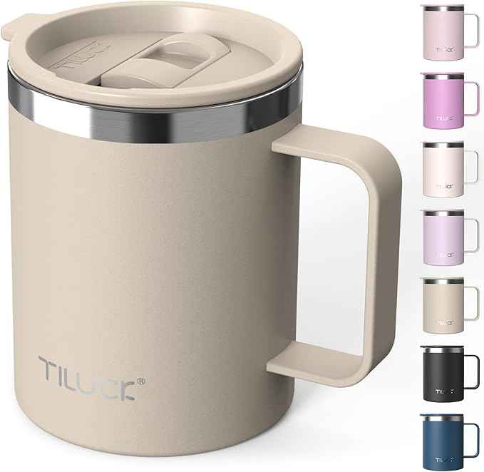 TILUCK 12 oz Insulated Coffee Mug with Lid, Double Wall Vacuum Insulated Travel Mug Cup with Handle for Hot or Cold Drinks（12oz，Matte MistyGray）