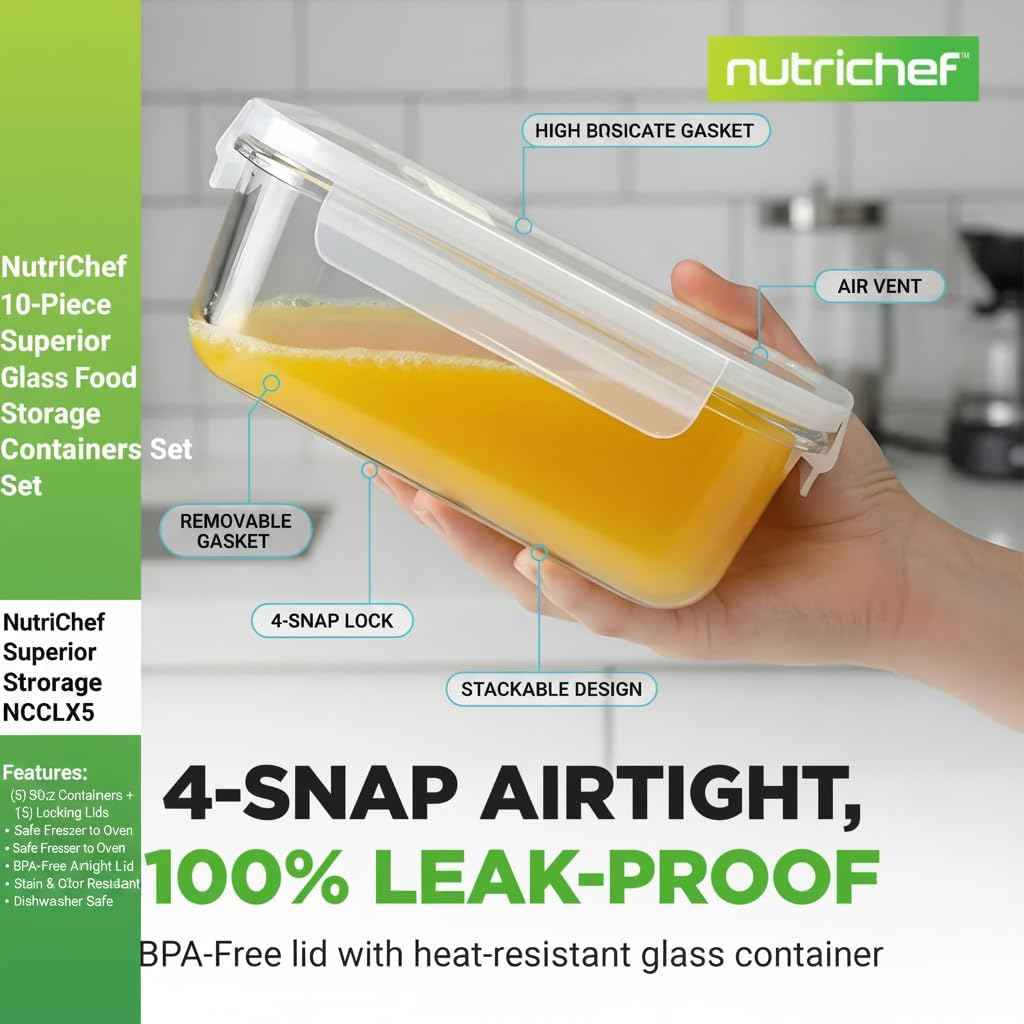 NutriChef 10-Piece Superior Glass Food Storage Containers Set (5 Containers + 5 Locking Lids),Stackable Meal-prep Design, BPA-free Airtight Clear Locking lids with Vent Lids & Air Hole, NCCLX5