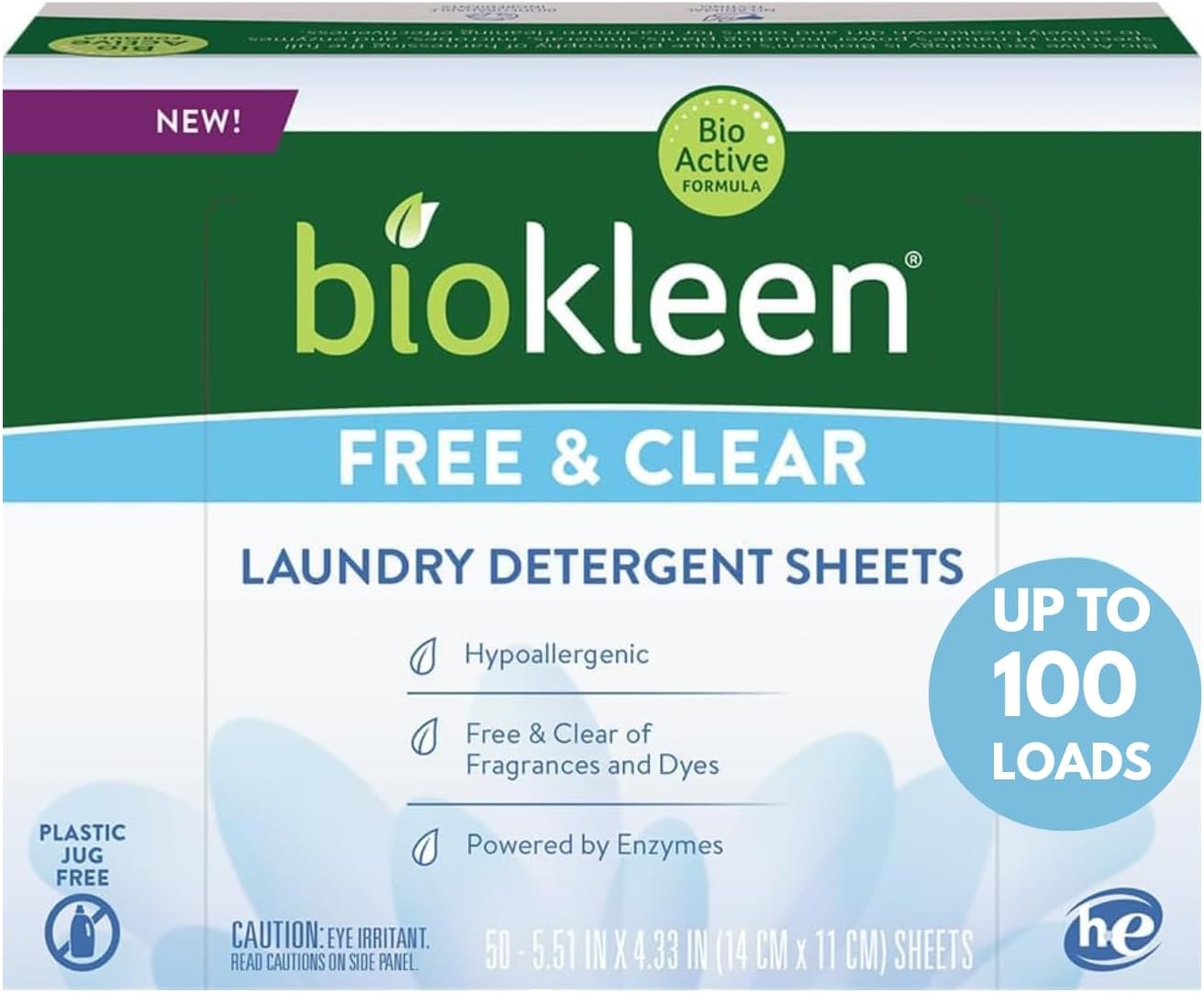 Biokleen Laundry Detergent Sheets - Dye & Fragrance Free, Hypoallergenic, Enzymatic Cleaner, Stain Remover, Bio Active Formula, No Plastic Jug, Unscented, 100 Loads