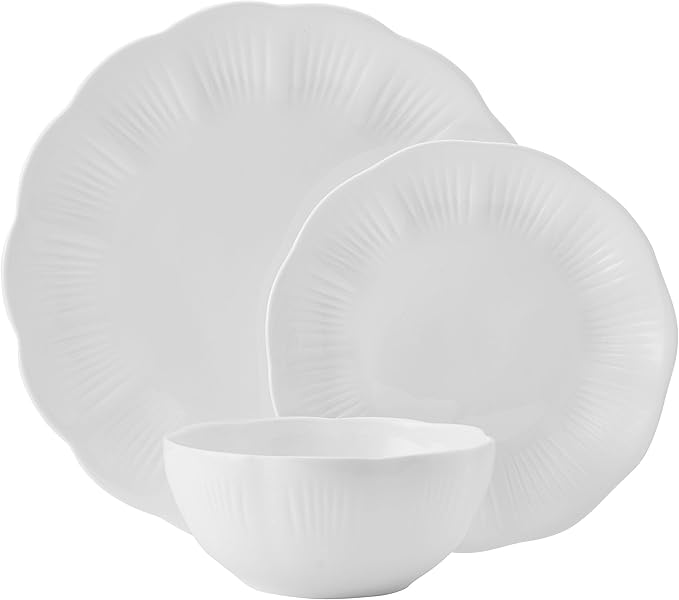 Mikasa Flora Scalloped Lightweight Chip Resistant Bone China 12 Piece Plate Bowl Dinnerware Set, Service for 4, White