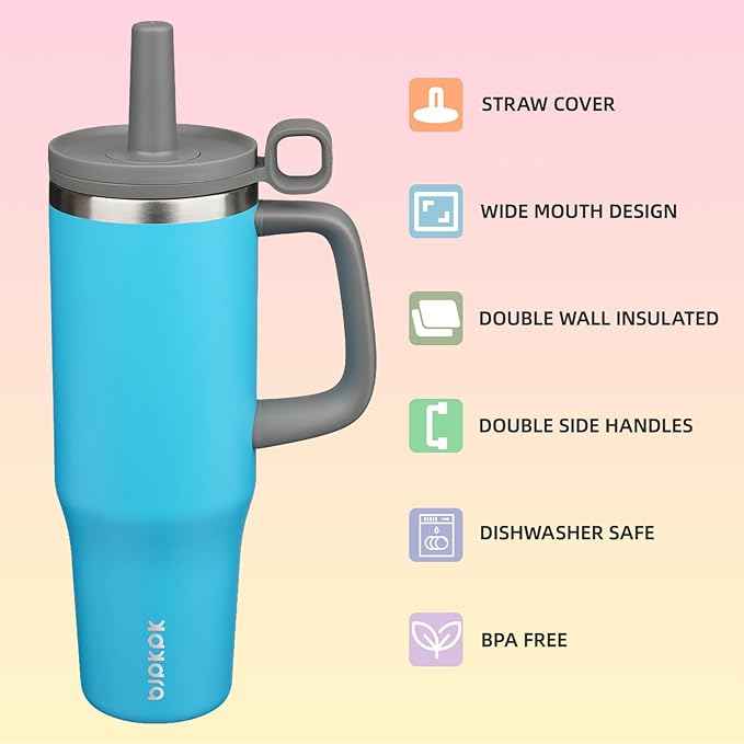 BJPKPK Insualted Tumblers with Handle and Straw 40oz Stianless Steel Travel Coffee Mug Thermal Cups with Lid,Reef Blue