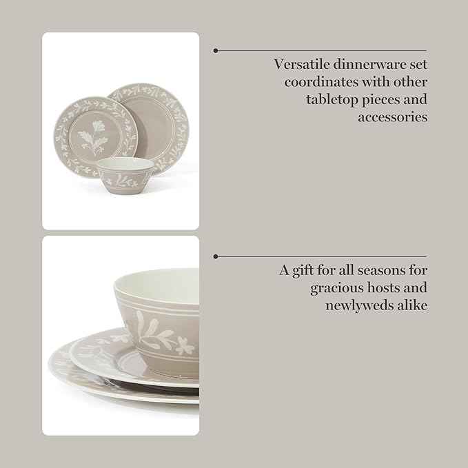 Martha Stewart Dinnerware Set - Maiden Crown 12-Piece Dish Set, Taupe – New Bone China Ceramic Plates & Bowls – Floral Design – Service for 4 – Microwave & Dishwasher Safe