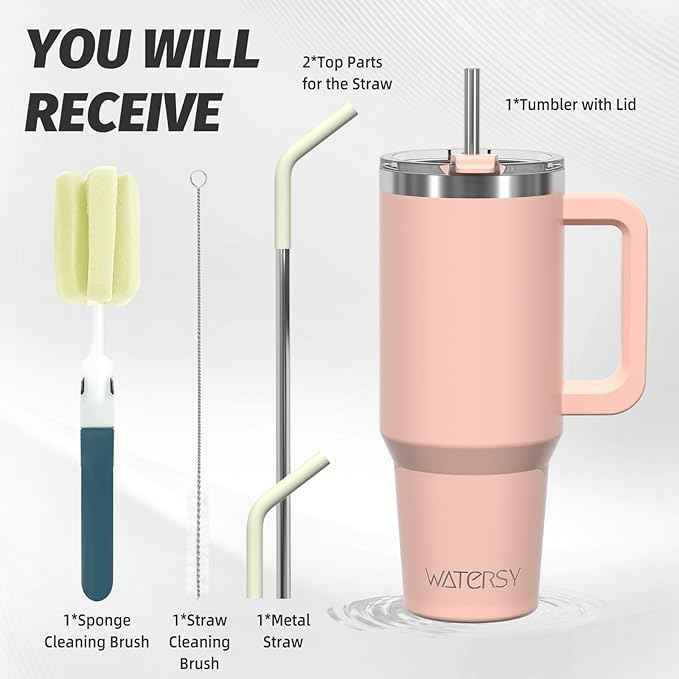 40 oz Tumbler with Handle,Tumbler with Lid and Straw,Double Wall Insulated Cup Stainless Steel Travel Mug(Cold for 34 Hours),Water Bottle for Iced Tea,Coffee,Cold Beverages(Pink)