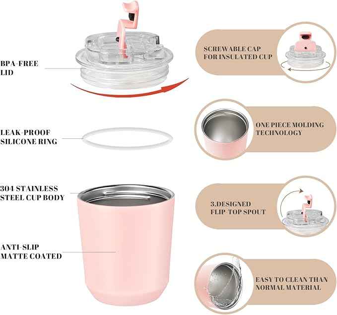 Puraville Insulated Tumblers with Lid, 10 oz Travel Coffee Mug Stainless Steel Vacuum Cup, Leak Proof Reusable Double Walled Coffee Tumbler for Iced and Hot Drinks, Pink
