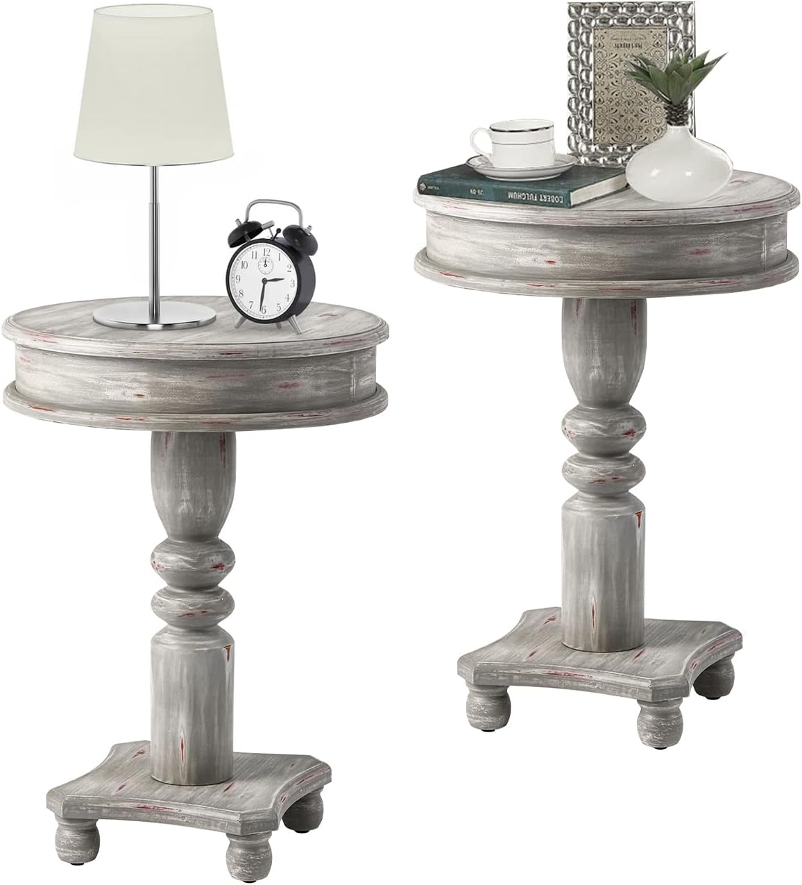 COSIEST Set of 2 Rustic Accent Side Table, Farmhouse Wood Pedestal Table Round End Table for Living Room, Bedroom, Distressed Whitewash Finish, Grey Color