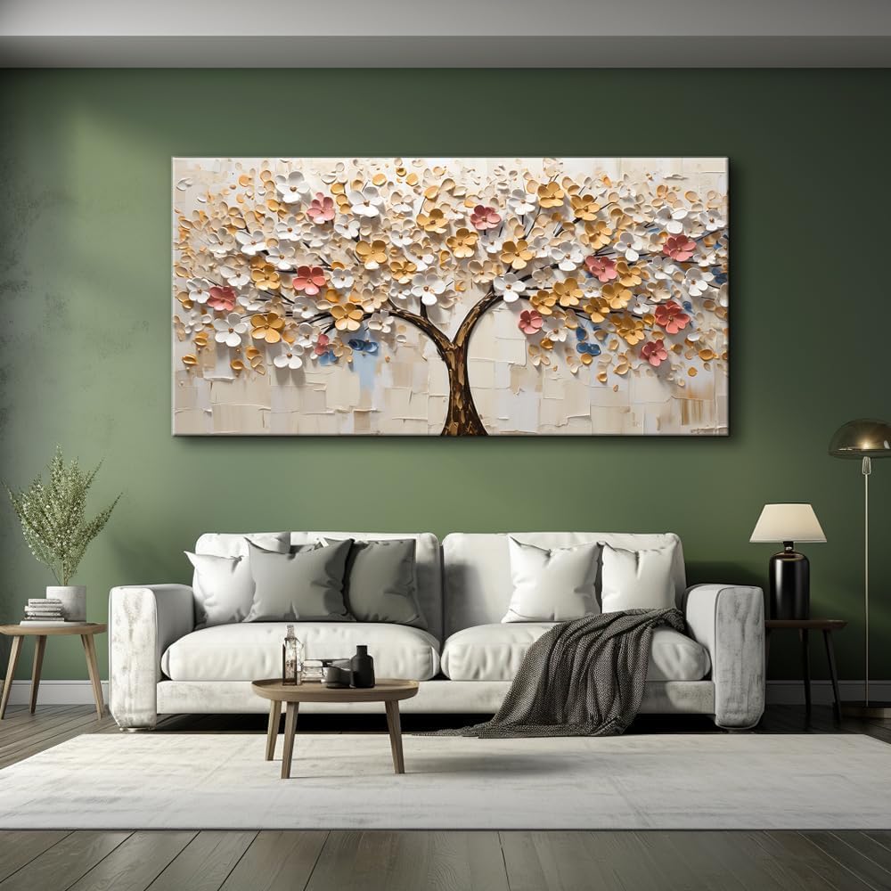 LASMOND 2D Flat White Spring Large Tree of Life Wall Art Office Decor Living Room Modern Painting Prints Pictures Abstract Floral Flower Nature Canvas Large Landscape Artwork (28x58 Inches)