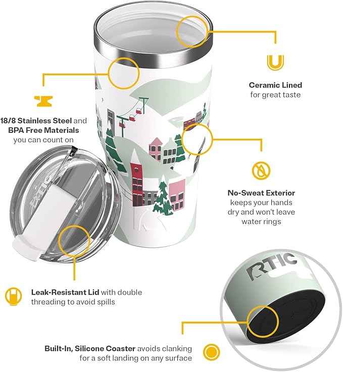 RTIC 30oz Essential Tumbler with Lid, Ceramic Lined, Insulated, Stainless Steel, Metal, Double Wall Vacuum-Insulation, Travel Cup for Iced Coffee, Tea, Hot and Cold Drink, Apres Ski