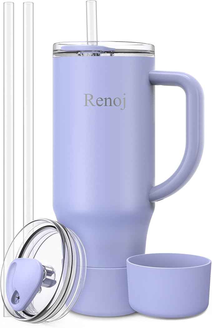 Renoj Insulated Mug 100% Spill Resistant Insulated Water Bottle for Iced Coffee & Hot Drinks - Fits Car Cup Holder, Ideal Gift, 2 Straws & Silicone Boot - FlexSlide Blue 32 oz
