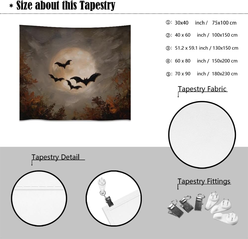 Spooky Halloween Bats Dark Academia Full Moon Autumn Leaves Wall Hanging Vintage Haunted Home Artwork Gothic Witchy Ghost Tapestries for bedroom Living Room Decor 60x80inch