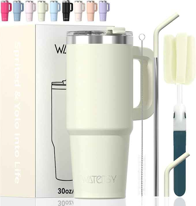 30 oz Tumbler with Handle,Tumbler with Lid and Straw,Double Wall Insulated Cup Stainless Steel Travel Mug(Cold for 34 Hours),Water Bottle for Iced Tea,Coffee,Cold Beverages(Cream White)