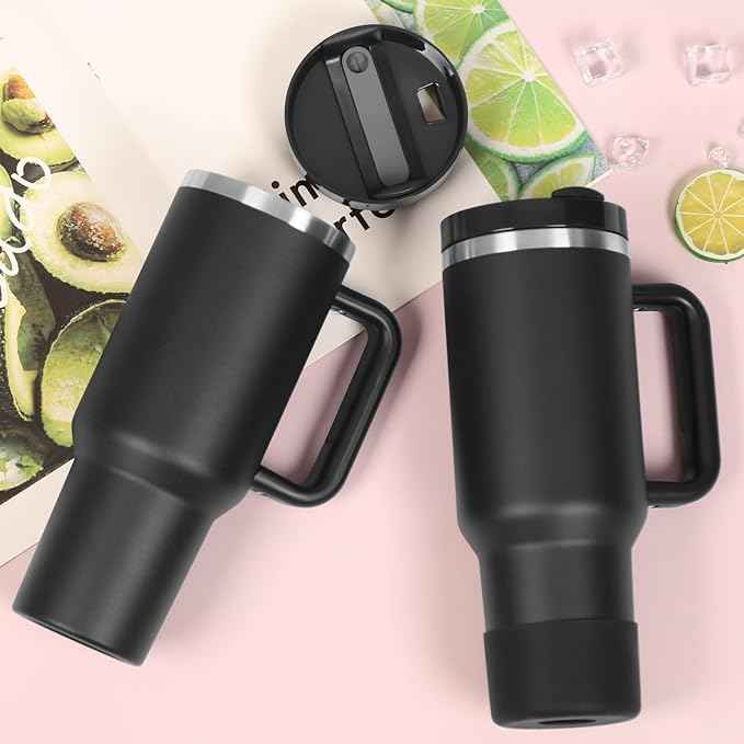 4 Pack 40 oz Tumbler with Handle and Straw Lid, Stainless Steel Double Wall Vacuum Insulated Travel Mug, Insulated Coffee Mug, with Silicone Spill Proof Stopper Set(Black)
