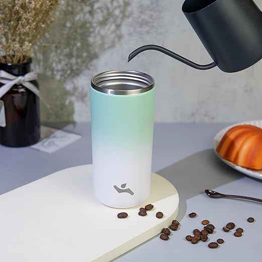 Konokyo Tumbler with Lid, 16 oz Travel Coffee Mug Double Wall Vacuum Stainless Steel Thermal Metal Cup Insulated Water Bottle,GreenWhite