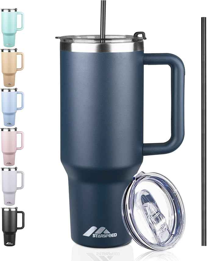 StarSpeed 40 oz Tumbler with Handle and Straw Lid | Stainless Steel Water Bottle Travel Mug Reusable Insulated Cup With Lid And Straw, Keep Cold Heat and Ice for Hours(40oz,Indigo)…