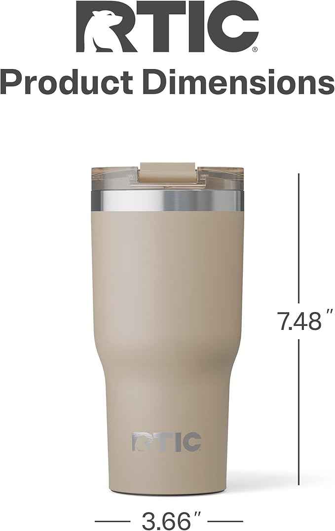 RTIC 20oz Essential Tumbler with Lid, Ceramic Lined, Insulated, Stainless Steel, Metal, Double Wall Vacuum-Insulation, Travel Cup for Iced Coffee, Tea, Hot and Cold Drink, Beach