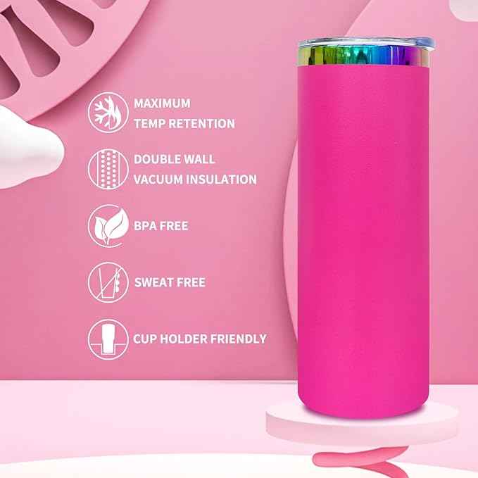 20 oz Skinny Tumblers Stainless Steel Tumbler with Lid and Straw Double Wall Vacuum Insulated Coffee Mug 20oz Powder Coated Cup for Hot and Cold Drinks(Rosy,4 pack)