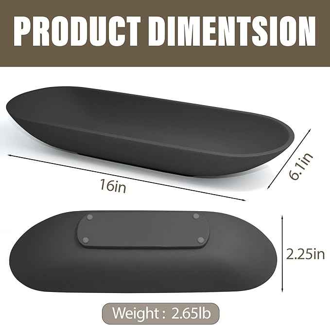 LIN CHUAN Large Decorative Bowl for Home Decor - Long Dough Bowl with Anti Slip Base for Table Centerpieces - Black Minimalist Design Dough Decor Bowl for Coffee Table, Dining Table Centerpiece
