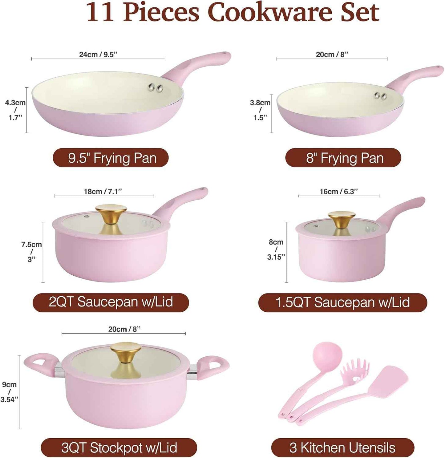 M MELENTA Pots and Pans Set Non Stick, Pink Ceramic Cookware Set, 11-Piece Induction Cookware, Non Toxic Healthy Kitchen Cooking Set, Gold Knobs Lids, Stay-Cool Handles