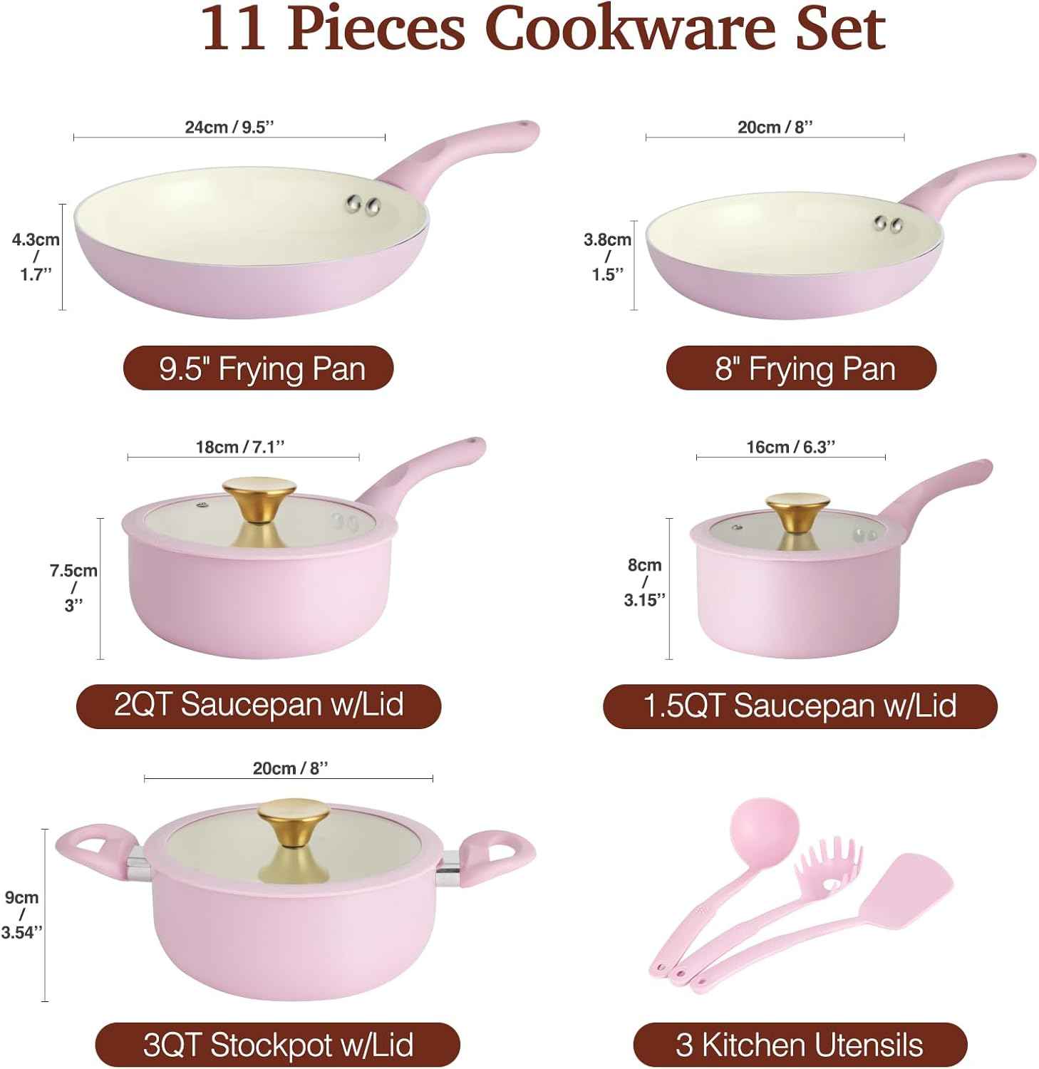 M MELENTA Pots and Pans Set Non Stick, Pink Ceramic Cookware Set, 11-Piece Induction Cookware, Non Toxic Healthy Kitchen Cooking Set, Gold Knobs Lids, Stay-Cool Handles