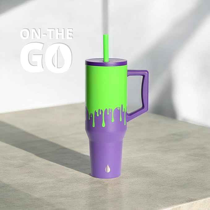 Elemental 40 oz Tumbler with Handle and Straw - Spill Proof Insulated Stainless Steel Commuter for Cold Beverages - Travel Coffee Mug with 2 Straws & Spill Proof Lid - 40oz - Poison Drip
