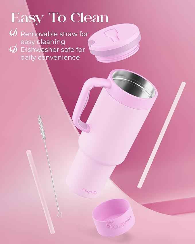 40 oz Insulated Tumbler with Handle and Push-Button Straw Lid, Stainless Steel Travel Cup for Gym Office, Leakproof, BPA-Free, Cup Holder Friendly, Bow Silicone Boot, Purple (Light Lilac)