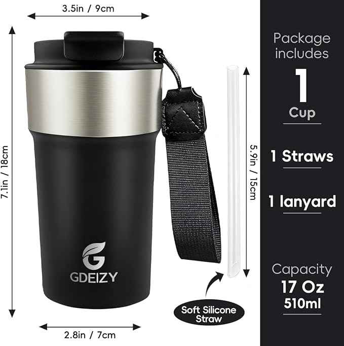 Insulated Coffee Mug, 17oz Stainless Steel Travel Mug with Flip-Top Straw Lid, Leak Proof Vacuum Insulated Tumbler, Reusable Coffee Cup for Hot & Cold Drinks, Black