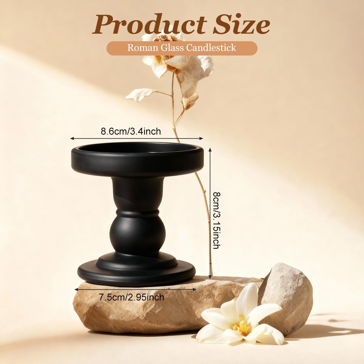Matte Black Glass Candle Holder Pillar Taper Candle Stand Decorative Candlestick Holder Stand for Home Decor Wedding Dinner Table Centerpieces (Exclude Candles)