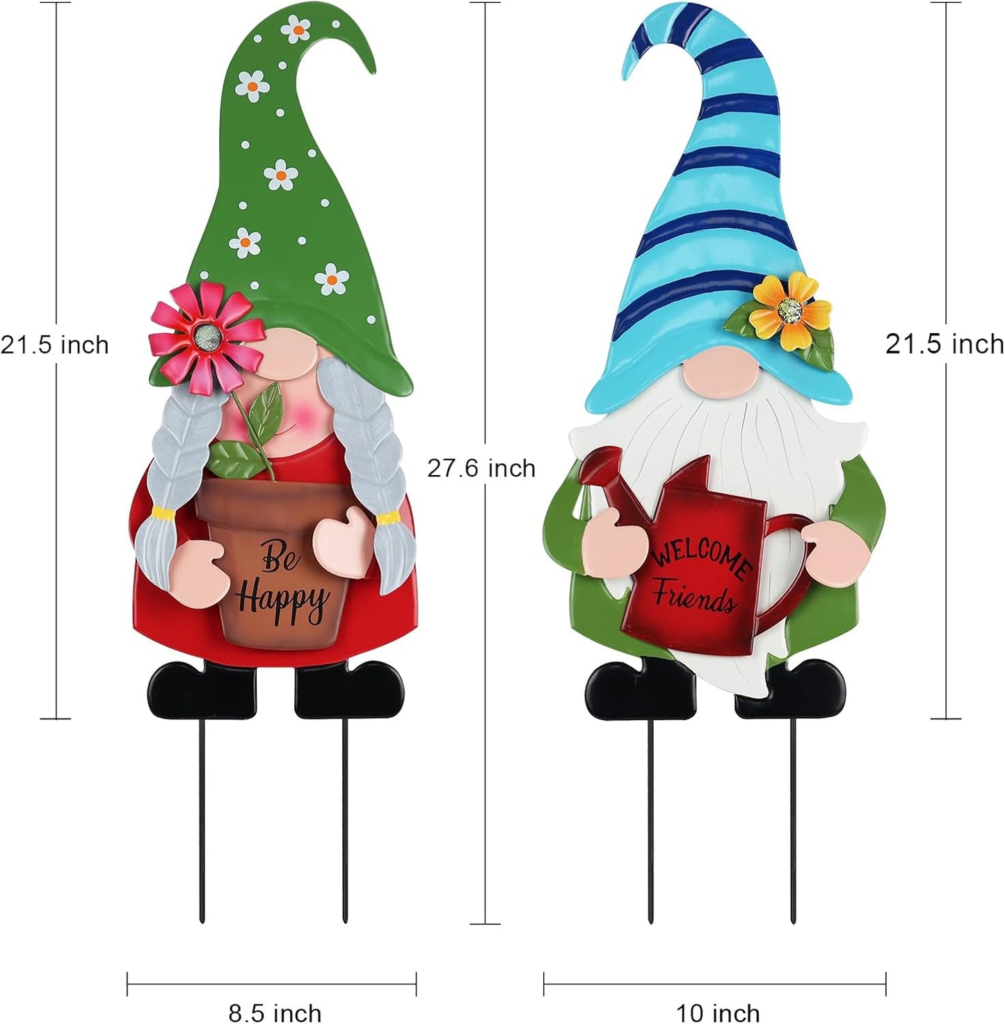YEAHOME Garden Decor for Outside, Set of 2 Metal Gnomes 27.6” Decorative Garden Stakes with Flowers for Spring Decor, Yard Art Stakes for Outdoor Lawn Backyard Porch Garden Decorations