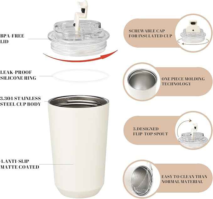 Puraville Insulated Tumblers with Lid, 14 oz Travel Coffee Mug Stainless Steel Vacuum Cup, Leak Proof Reusable Double Walled Coffee Tumbler for Iced and Hot Drinks, Cream